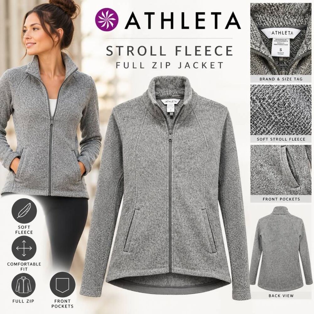 Athleta Women’s S Gray Stroll Fleece Full Zip Jacket Sweater Knit Pockets
